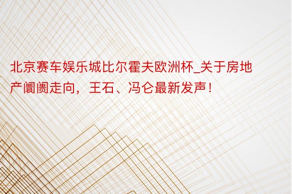 北京赛车娱乐城比尔霍夫欧洲杯_关于房地产阛阓走向，王石、冯仑最新发声！